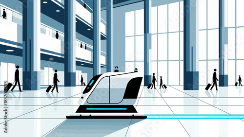Futuristic train in a bustling modern station with people and luggage, blue toned illustration, concept for technology innovation, global travel solutions and modern infrastructure design