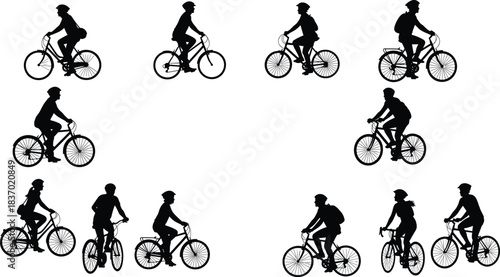 Bicycle rider silhouettes, cycling posture, helmet, backpack, road bike, mountain bike, motion, flat vector