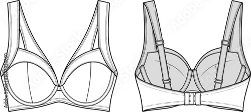 Bra technical sketch, lingerie design, front back view, flat vector illustration, cad drawing, fashion garment, silhouette, stitching detail