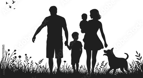 Silhouette family with dog walking through grass and flowers with birds flying vector illustration
