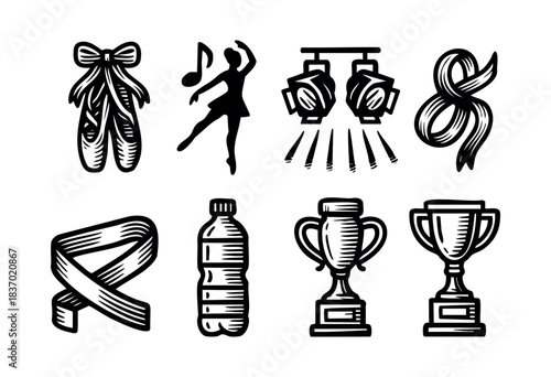 A collection of ballet and dance themed icons, including ballet shoes, dancer silhouette, spotlights, water bottle, ribbon and trophy, presented in a clean woodcut style — stock vector.