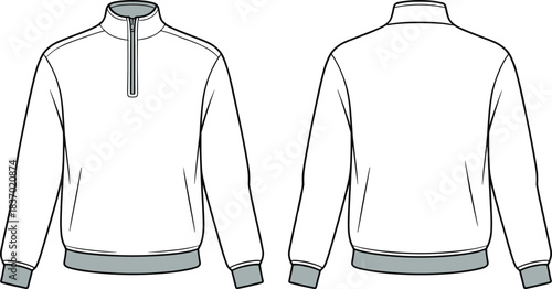 Pullover technical flat sketch, fashion CAD drawing, vector illustration apparel design, long sleeve top, high collar, partial zipper front
