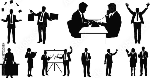 Business activity silhouette, teamwork, multitasking, presentation, negotiation, leadership, success, office scene, flat vector