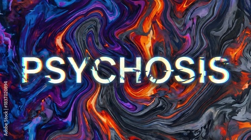 Vibrant glitch text Psychosis concept over intense swirling psychedelic abstract background art