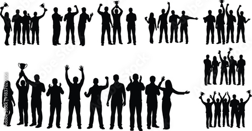 Celebration silhouette, people with trophies, victory pose, teamwork success, award ceremony moment, flat vector