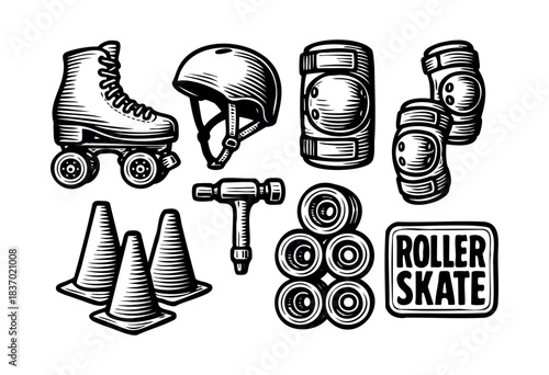 An arranged set of roller skate equipment, including a boot, helmet, pads, wheels, wrench, and cones, in black and white vector illustration — stock vector.