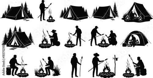 Camping silhouettes with tents, campfires, cooking scenes, pine trees, outdoor leisure and survival moments, flat vector