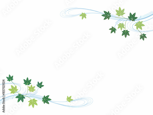 Delicate green maple leaves adorning flowing lines on white background