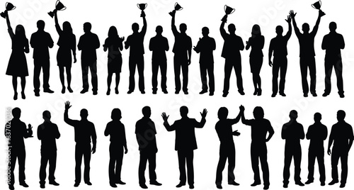Celebration silhouettes, trophy pose, teamwork, applause, high five, success gesture, unity moment, cad drawing flat vector