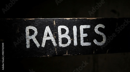 Rustic warning sign hand painted with the word Rabies on dark wood background
