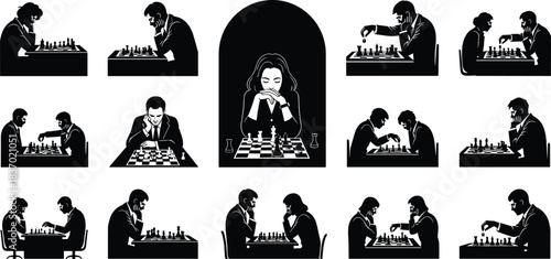 Chess players in silhouette panels, strategic thinking poses, intense game moments, concentration scenes, intellectual sport, flat vector