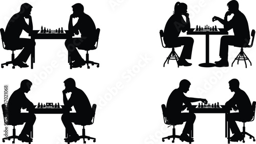 Chess-playing pairs in silhouette, strategic game moments, seated opponents at board, intellectual sport scene, flat vector