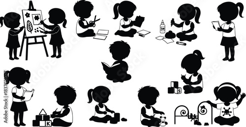 Children activity silhouettes, early learning, drawing, reading, painting, sensory play, creativity, cad drawing flat vector