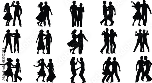 Dancing couple silhouettes in varied poses, expressive movement styles, rhythm and connection scenes, performance art, flat vector