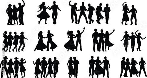 Dancing silhouettes in dynamic group poses, expressive movement, rhythm and social interaction scenes, flat vector