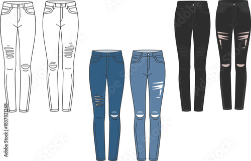 Distressed skinny jeans, ripped denim styles, fashion garment sketch, flat vector illustration, cad drawing, front back view, silhouette design