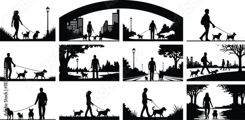 Dog walking silhouettes in diverse outdoor scenes, urban and park settings, leisure companionship moments, flat vector