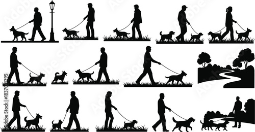 Dog walking silhouettes in outdoor scenes, leash activity moments, pet companionship and nature interaction, flat vector