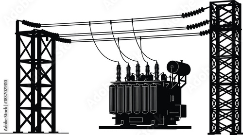 Electrical substation silhouette, power transformer, transmission towers, high-voltage grid, black icon, flat vector illustration