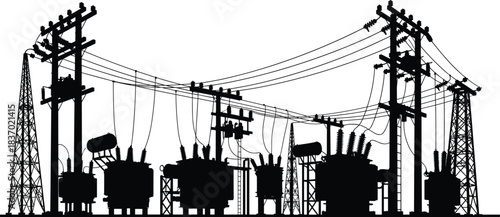 Electrical substation silhouettes, transformers, switchgear, transmission towers, utility poles, power grid icons, black shapes, flat vector