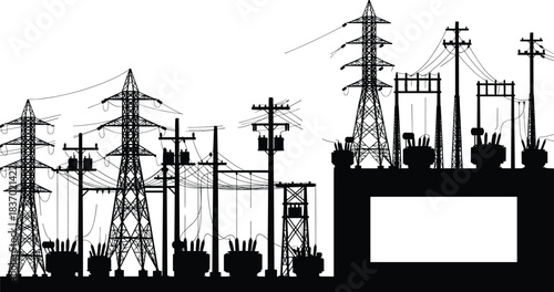 Electrical substation, transmission towers, utility poles, power grid infrastructure, black silhouettes, flat vector illustration set