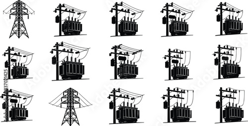 Electrical transformer silhouettes, transmission towers, utility pole setups, power grid icons, black infrastructure shapes, flat vector