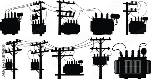 Electrical transformer silhouettes, utility pole configurations, power distribution units, energy infrastructure icons, black shapes, flat vector