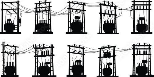 Electrical transformer silhouettes, utility pole variations, power distribution icons, voltage infrastructure shapes, black elements, flat vector