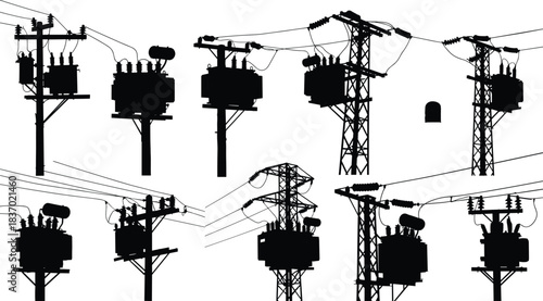 Electrical transformer silhouettes, utility pole icons, power grid elements, black vector shapes, flat vector illustration