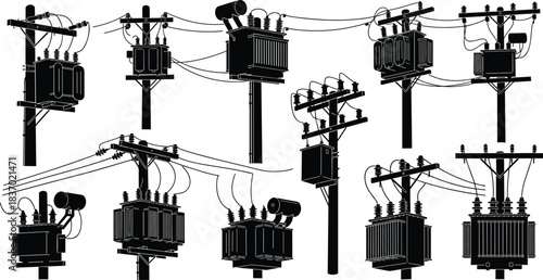 Electrical transformer silhouettes, utility pole vector, power distribution icons, black shapes, flat vector illustration