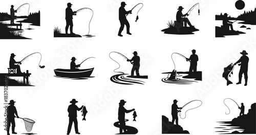 Fishing silhouettes in diverse outdoor scenes, dock, boat, riverbank, catch moments, nature recreation activity, flat vector