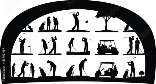 Golf activity silhouettes in diverse scenes, swing, putting, cart driving, equipment and posture moments, flat vector
