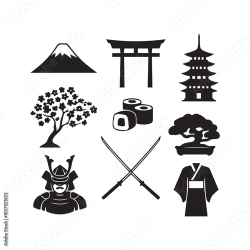 Collection of Japan Traditional Objects Travel Landmarks Symbols Culture Elements Vector