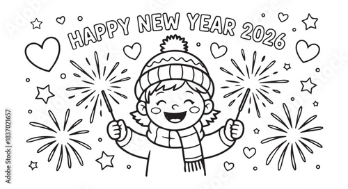 Happy New Year 2026 Coloring Page Girl with Sparklers Fun Holiday Background Vector