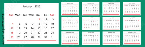 Calendar 2026 Year Set of 12 Months Week Starts Sunday Organizer Schedule Vector