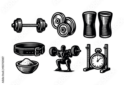 A vector set of monochrome vintage gym equipment for powerlifting, including a barbell, weight plates, knee sleeves, belt, chalk, squatting athlete, and timer — stock vector.