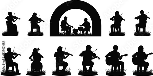 Musician silhouettes, violin, guitar, cello, percussion, outdoor concert, ensemble performance, black icons, seated figures, flat vector