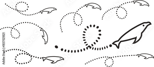 Playful dolphin line art shows dynamic swimming paths. Minimal dotted trails create a lively ocean motion effect. Clean marine illustration perfect for creative designs.