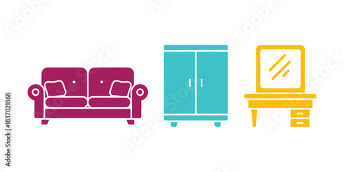 set of furniture icons in a flat style, showcasing a cupboard, sofa, and dressing table with a straightforward color design template, vector illustration
