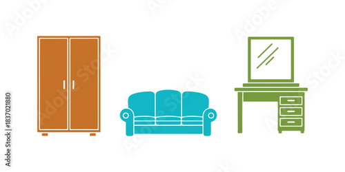 a collection of furniture icons in a flat style, featuring a cupboard, sofa, and dressing table with a simple color design template, vector illustration

