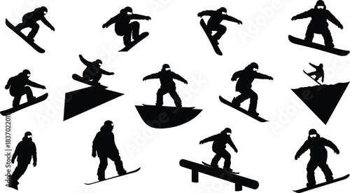 Snowboarding silhouettes, dynamic tricks, winter sport action, alpine terrain, ramps, gear, black icons, flat vector