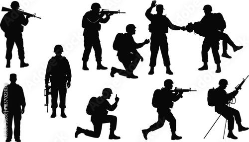 Soldier silhouette set, military poses, combat actions, tactical gear, armed forces movement, flat vector illustration