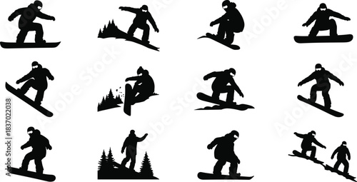 Snowboarding silhouettes, winter sport action, snowboard tricks, downhill poses, black vector icons, flat vector illustration