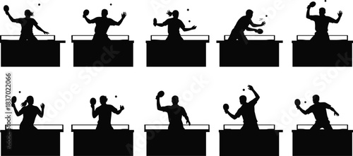 Table tennis silhouettes, ping pong players, sports action poses, black vector icons, flat vector illustration
