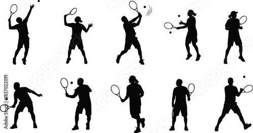 Tennis player silhouettes, racket action, serve, forehand, backhand, dynamic pose, sports motion, flat vector