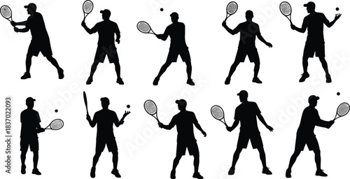 Tennis player silhouettes, racket action, serve, return, dynamic pose, sports motion, cad drawing flat vector