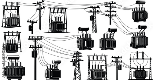 Transformer types, utility pole designs, power grid elements, electrical distribution icons, black silhouettes, flat vector illustration