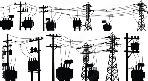 Transformers, utility poles, transmission towers, electrical grid icons, power infrastructure silhouettes, flat vector illustration set