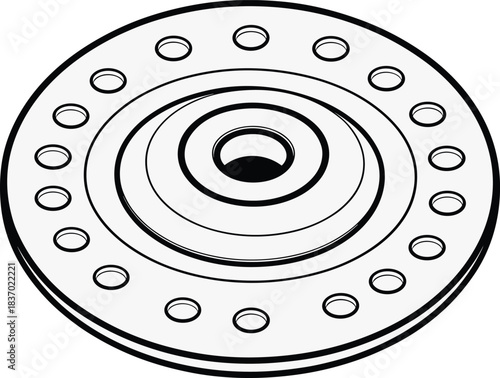 Flange hub vector, circular component, CAD drawing, black and white illustration, engineering schematic, industrial part, concentric holes, machine design, technical diagram, precision element