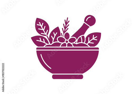 Bowl with leaves in a colorful glyph icon. Medicinal herbs and flowers in a mortar. Botanical elements for organic skincare. Natural beauty care. Vector illustration isolated.